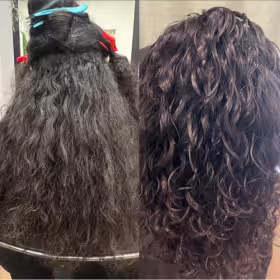 Brunette curly hair receiving Mane Glow curl definition treatment with steamer. Curls being defined, hydrated, and transformed with steam therapy for deep conditioning and enhanced glow.