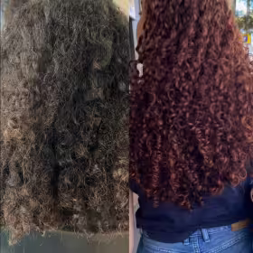 Before and after Mane Glow curl definition treatment with colour and glow. Curls transformed from frizzy and undefined to vibrant, glossy, and perfectly shaped with Mane Glow products.
