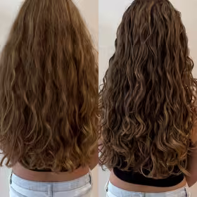 Enhancing curls with curl definition and Mane Glow products. Curls transformed into vibrant, bouncy, frizz-free, perfectly defined spirals with deep hydration and luminous glow.