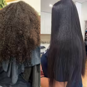 Before and after keratin straightening treatment with Leonie Noble-Dawkins and 30 years experience. Curly, frizzy, unmanageable hair transformed into sleek, smooth, straight, glossy, and healthy hair.
