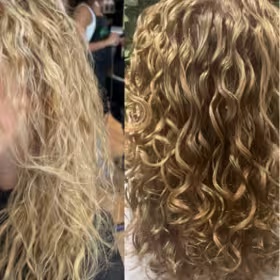 Before and after Mane Glow curl definition treatment with colour and glow on blonde hair treated with bleach. Curls transformed from damaged, frizzy, and undefined to vibrant, glossy, healthy, and perfectly shaped with Mane Glow products.